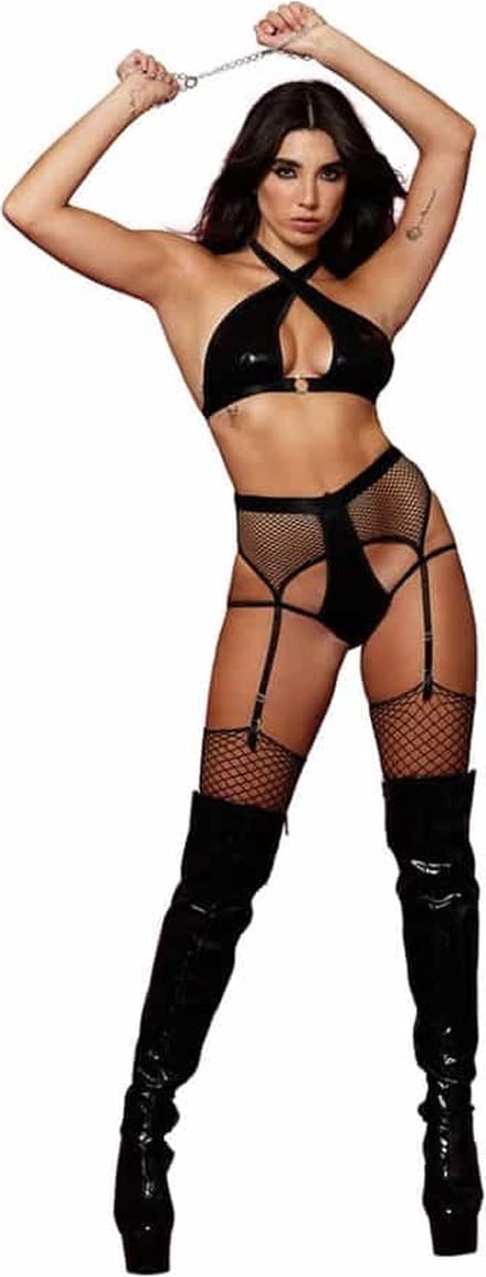 Fetish Bralette, Garter Panty en Restraint Diamond - One Size - Zwart