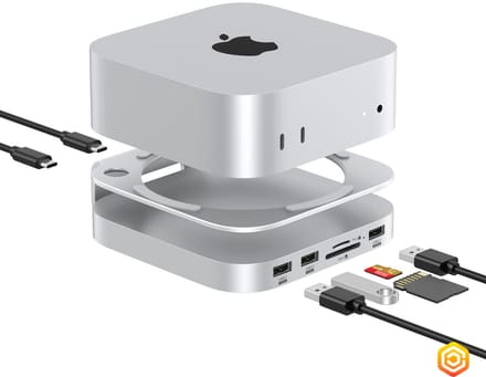 Casecentive - Aluminium 7-in-1 Dockingstation Hub Stand - Geschikt voor Mac Mini M4/M4 Pro - USB C - USB A - (Micro)SD card - SSD Slot - Zilver