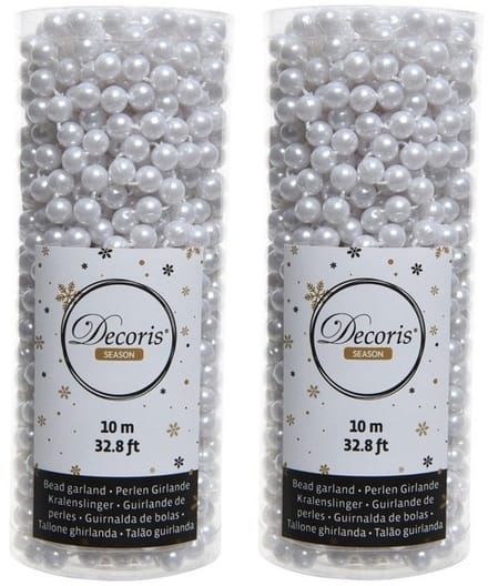 Decoris Kralenslinger - 6x - wit - 10 meter - kunststof - glans - kerstslinger - kerstboom versiering