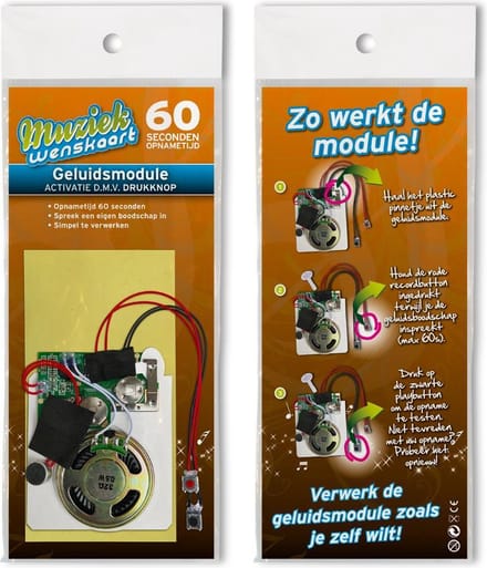 Geluidsmodule 60 sec. - geactiveerd door drukknopje - zelf opneembaar - spreek je eigen boodschap in -- simpel te verwerken