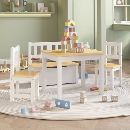 vidaXL - 4-delige - Kindertafel- - en - stoelenset - MDF - wit - en - beige
