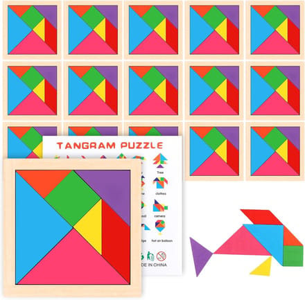 Tangram Puzzel - Houten Puzzelspel - Educatief Spelen - 16 Delige Set - 11 x 11 cm - Multicolor