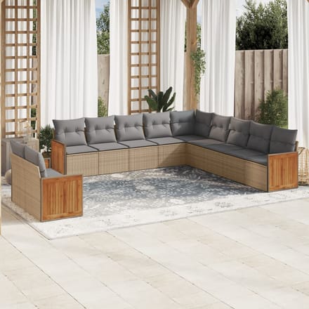 vidaXL - 11-delige - Tuinset - met - kussens - poly - rattan - beige
