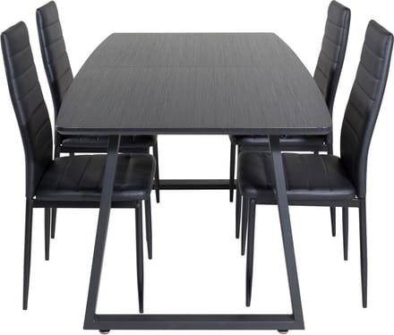 IncaBLBL eethoek eetkamertafel uitschuifbare tafel lengte cm 160 / 200 zwart en 4 Slim High Back eetkamerstal PU kunstleer zwart.