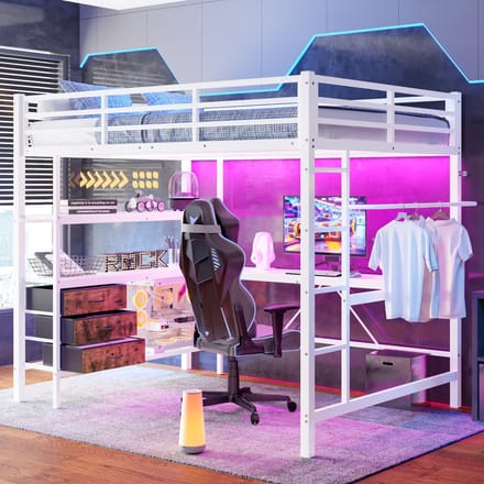 Hoogslaper 140x200 cm - Met Bureau En Opberglades - LED En USB - Metaal - Wit
