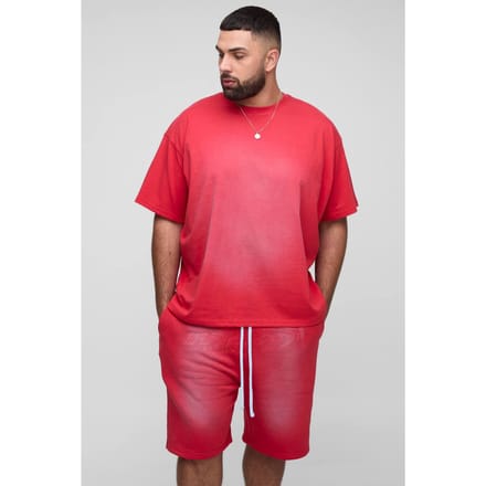 Plus OFCL Applique Spray Wash T-Shirt & Oversized Drop crotch Short Set | Red | Size 5XL