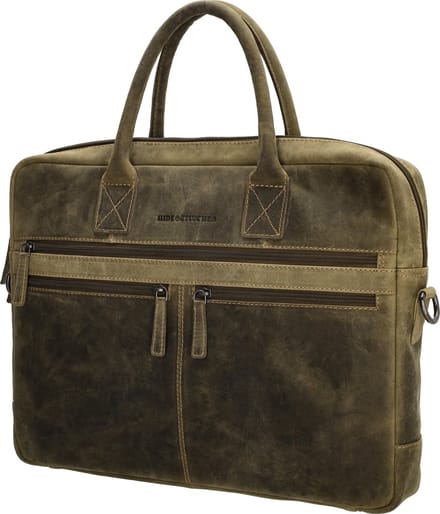 Hide & Stitches Idaho Laptoptas 15,6 inch (34.5x19.4 cm) - 100% Leer - Olijfgroen