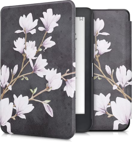 kwmobile e-reader hoesje geschikt voor Kobo Clara HD hoes - E reader flip case met magnetische sluiting - Ereader cover - Magnolia design in taupe / wit / donkergrijs