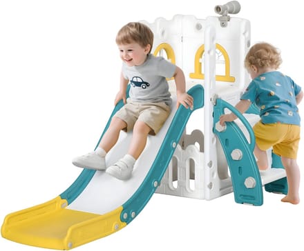Kinderglijbaan 5-in-1 – Peuter Glijbaan met Basketbalring & Telescoop – Multicolor