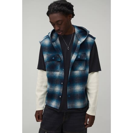 Oversized Brush Check Hooded Sleeveless Overshirt | Blue | Size Small