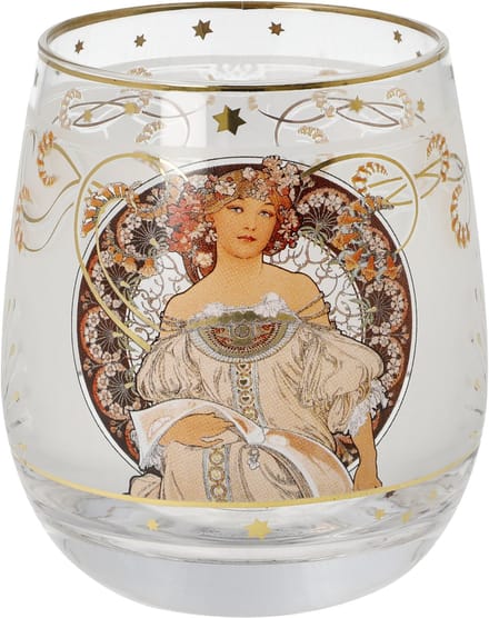 Goebel - Alphonse Mucha | Windlicht / Theelicht Mijmering | Glas - 9cm - waxinelicht houder - met echt goud