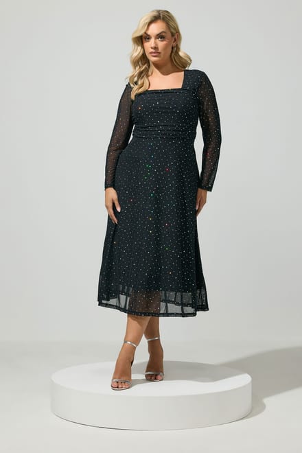 Yours London Zwarte Mesh Maxijurk Met Pailletten Size 52