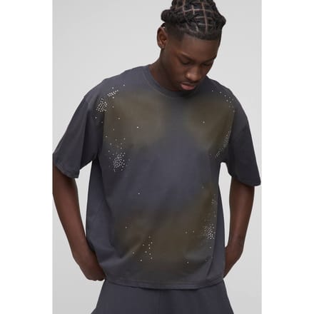 Oversized Boxy Washed Rhinestone T-Shirt | Charcoal | Size Small