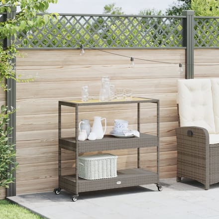 vidaXL - Keukentrolley - 3-laags - poly - rattan - en - massief - acaciahout - grijs