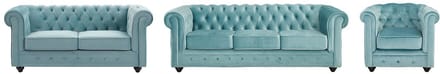 Vente-unique Drie- en tweezitsbank en fauteuil van pastelblauw velours CHESTERFIELD