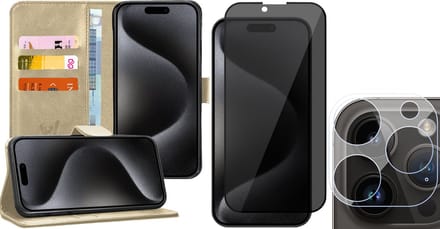 Hoesje geschikt voor iPhone 15 Pro Max - Privacy Screenprotector FullGuard & Camera Lens Screen Protector - Book Case Kunstleer Pasjeshouder Goud