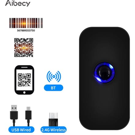 Aibecy Scanner de codes à barres portable 3 en 1 1D2DQR, lecteur de codes à barres, prise en charge BT et 2.4G sans fil et USB Support 1D&2D&QR Code noir