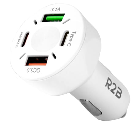 R2B Autolader USB C & USB A - 4 poorten - Veilig en Compact - Auto Snellader - Auto Oplader Sigarettenaansteker USB C - USB lader - Auto Adapter - Wit