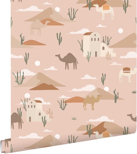 ESTAhome behang kamelen en cactussen terracotta roze - 50 x 900 cm - 139703