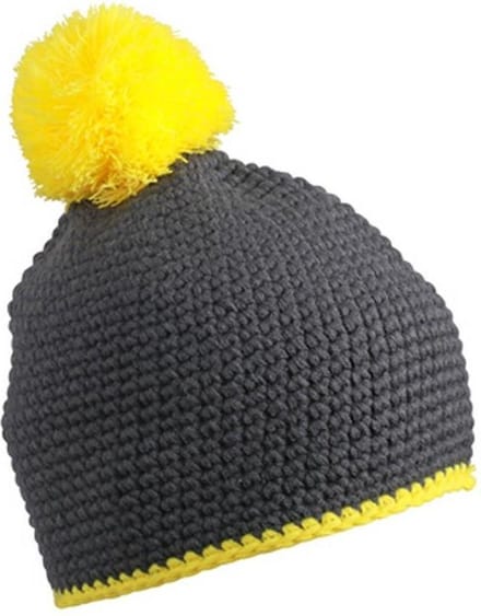 Myrtle Beach - Unisex Contrasterende Gestreepte Muts met Pompom (Grijs/Geel)