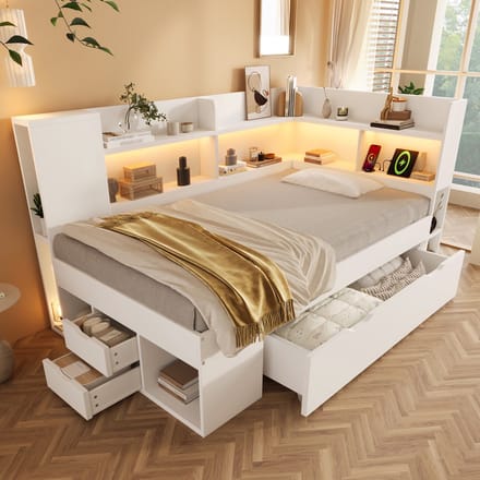 Daybed - 90x200 - Multifunctioneel bed met LED, USB en Type-C, lades en planken - hout - wit - zonder matras