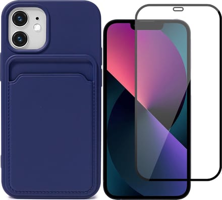 Hoesje geschikt voor iPhone 12 / 12 Pro Pasjeshouder Blauw - Siliconen Case Back Cover + Full Screen Protector Glas Screenprotector