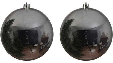 Decoris grote kerstbal - 2x - zilver - glans - kunststof - 14 cm - onbreekbaar - kerstversiering - kerstboomversiering