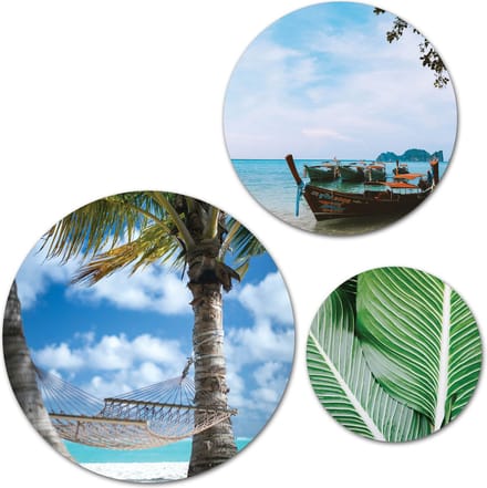 Forex Muurcirkel Set -  Set Hangmat op het Strand - Set van 3 Wandcirkels met Ophangsystemen - 30x40x50