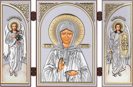 Houten Reisaltaar Iconen Triptych Heilige Matrona - Christelijke Iconografie