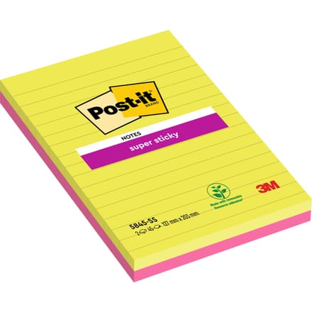 Post-itÂ® Super Sticky Notes, Limoen,Fuchsia, Gelijnd, 125mm x 200 mm, 2 Blokken, 45 Blaadjes/Blok