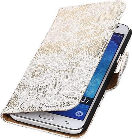 Samsung Galaxy J7 2015 Lace Kant Booktype Wallet Hoesje Wit - Cover Case Hoes