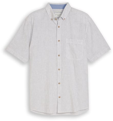 Tom Tailor - Regular fit overhemd met korte mouwen en linnen - Maat S - white leaf green small stripe