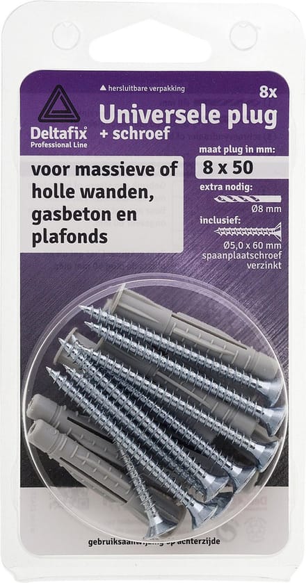 Deltafix universeelplug met kraag / met spaanplaatschroef grijs 10 x 60 mm 4 st.