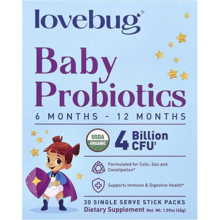 LoveBug Probiotica, Baby Probiotica, 6-12 Maanden, 4 Miljard KVE, 30 Enkele Stick Verpakkingen