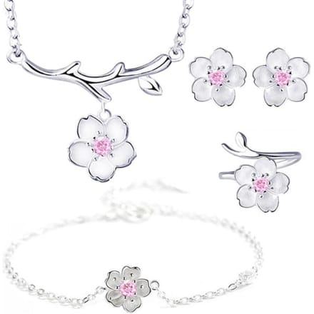 Romantische 925 Sterling Zilver Kersenbloesem Bloem Sieraden Sets Hanger Leuke Bruids Bruiloft Sets white
