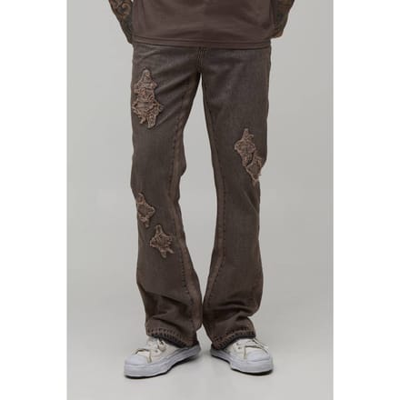 Lange Gewassen Slim Flare Jeans Met Applicatie Panelen | Stone | Size 34