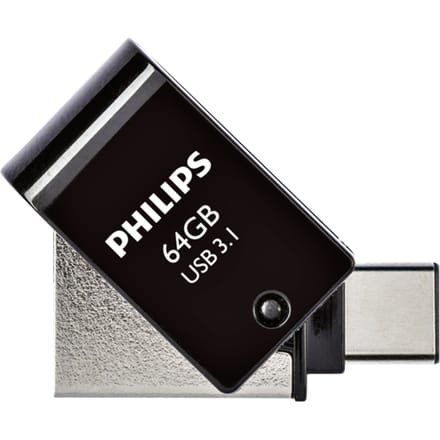 Veelzijdige Philips 64GB USB stick 3.1/USB A & USB C- 2-in-1 - Tot 180MB/s leessnelheid - compact formaat met draaikapje