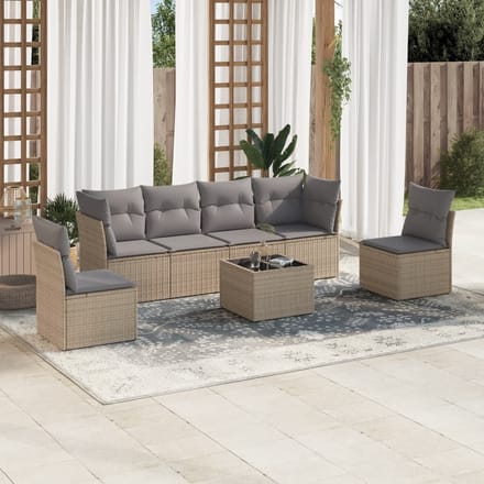 vidaXL - 7-delige - Loungeset - met - kussens - poly - rattan - beige