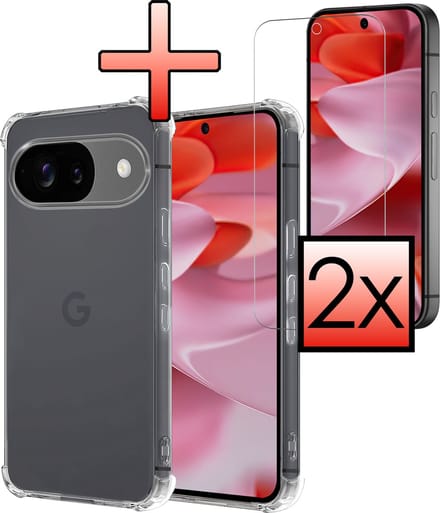 Hoesje - Met Screenprotector - 2 Stuks - Geschikt voor Google Pixel 9 - Sterk & Shockproof - Siliconen Case - Back Cover - Telefoon Hoes - Shock Proof - Transparant