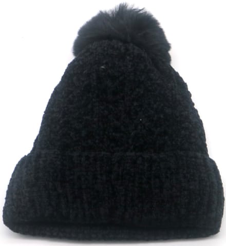 Gebreide beanie met pompon - zwarte muts - dames