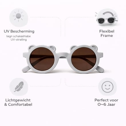 Kinderzonnebril met Berenoortjes – Rond – UV Bescherming – Flexibel – 0-6 Jaar – Grijs