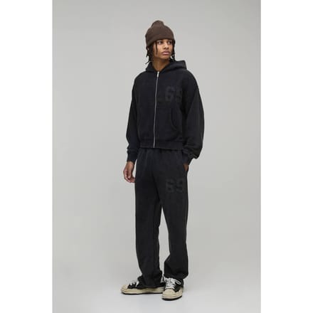 Verkort Model Trainingspak Met Applicatie, Distressed Wassing En Capuchon Met Ritssluiting | Charcoal | Size Medium