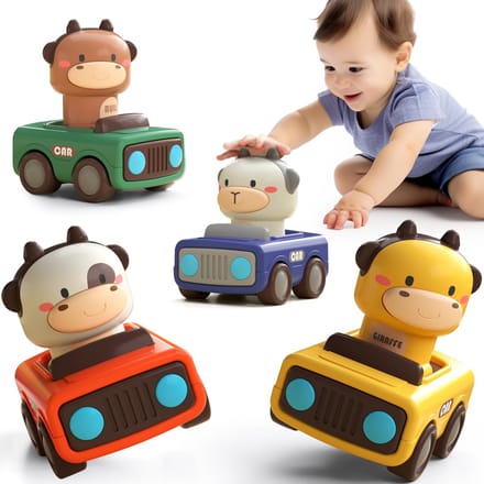 4-Delige Set Dieren Speelgoedauto's Vanaf 1 Jaar - Press-and-Go Peutervoertuigen