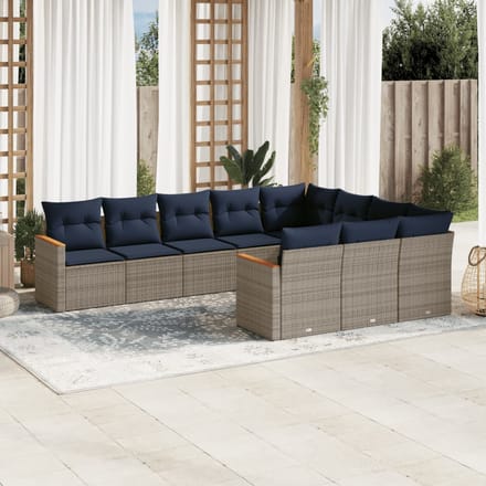 vidaXL - 10-delige - tuinbankset - met - kussens, - grijs - polyrotan