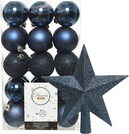 Kerstballen - 30x stuks - incl. ster piek - donkerblauw - kunststof