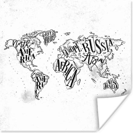Muurdecoratie - Wereldkaart - Zwart - Wit - Letters - 50x50 cm - Poster
