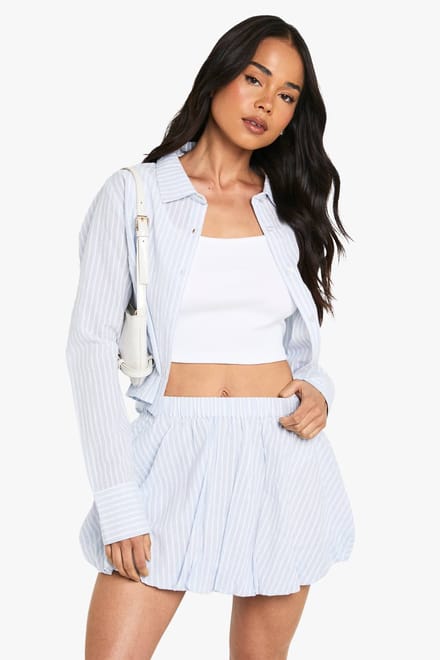 boohoo Dames Katoenen streep puffball minirok met elastische taille | Blue | Maat: 6