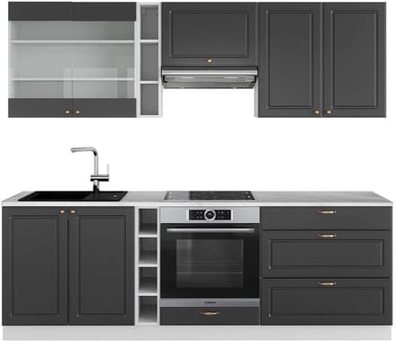 Vicco Fame-Line Complete keukeneenheid – 235 cm, WB Marmer Antraciet-Goud/Wit