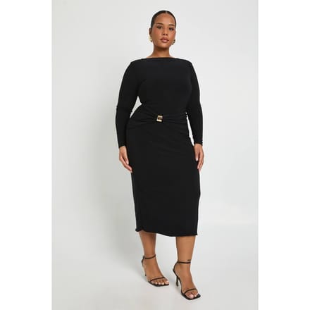 boohoo Dames Plus Geruimde Taille Gouden Afwerking Midaxi Jurk | Zwart | Maat: 44