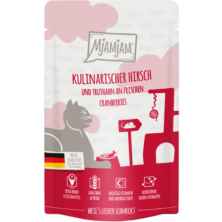 MjAMjAM Cat - Leckere Mahlzeiten Pouchbeutel 12x125g | Hirsch, Truthahn & Cranberries
